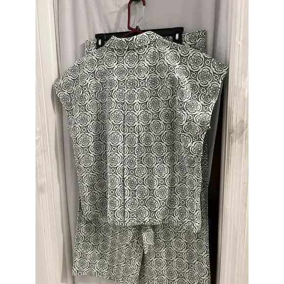 Talbots Green White Linen Blend Medallion Pant Set Sz L Wide Leg Pants Resort
